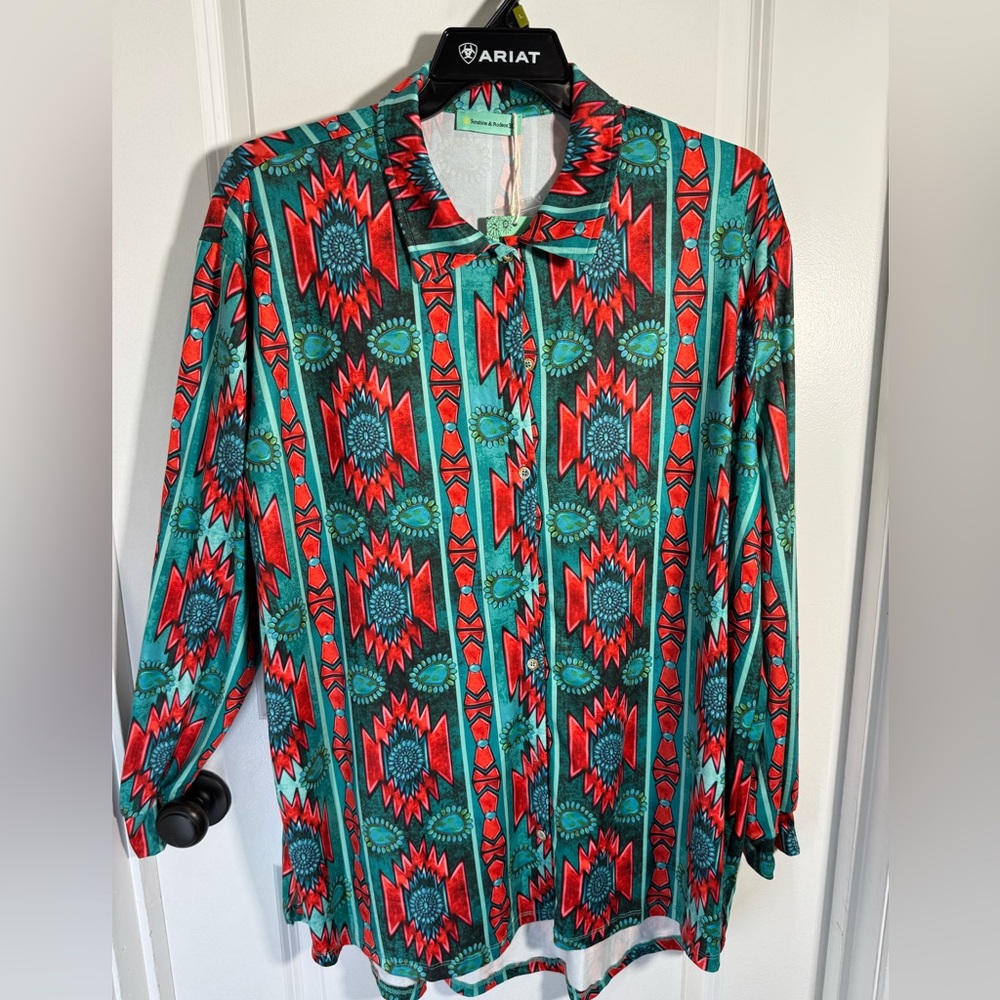Men’s Red and Teal Abstract Print Shirt
